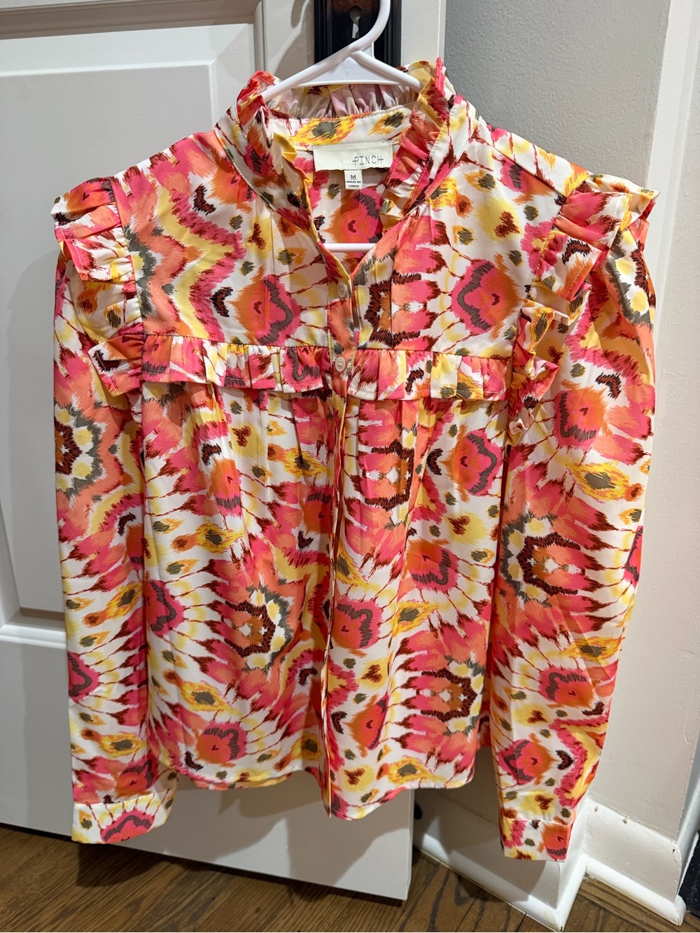Pinch Coral Pink Yellow Cream Ruffle-Trim Blouse